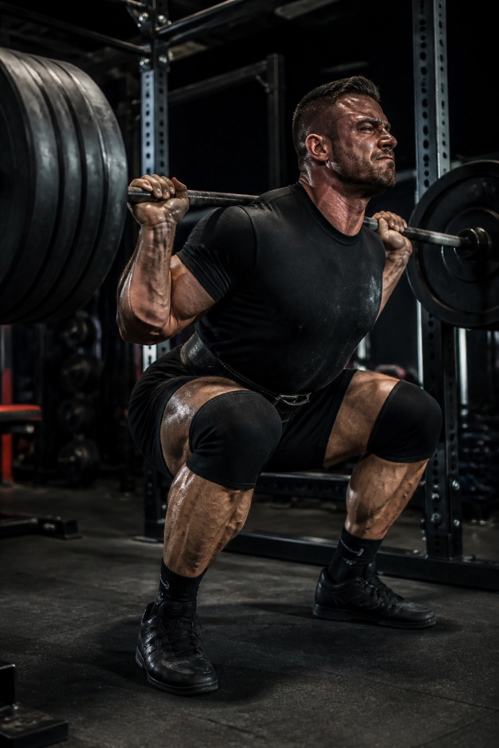 Lifter performing a heavy back squat with a loaded barbell in a gym