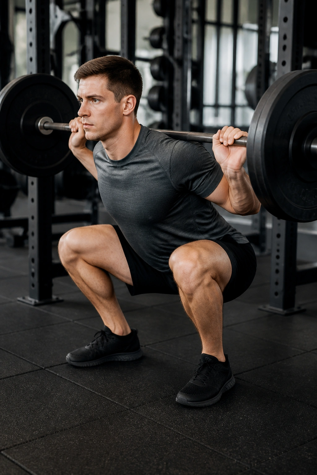 Person squatting to parallel depth in gym showing hip crease below knee.