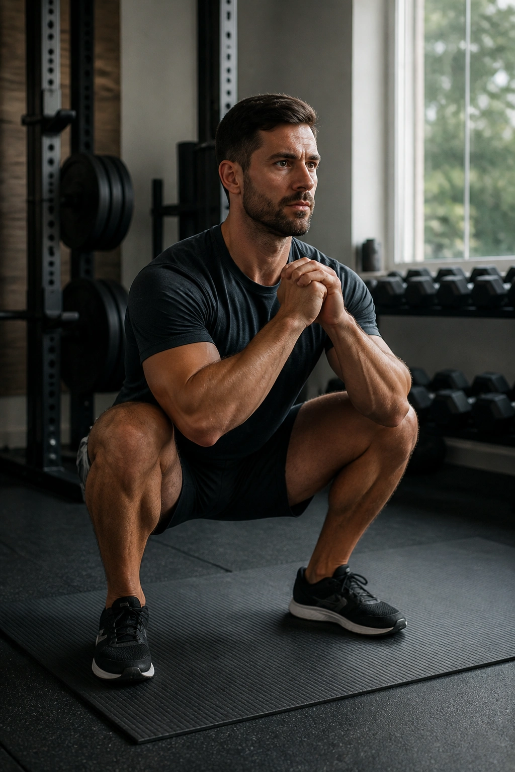 Person performing deep squat in home workout space