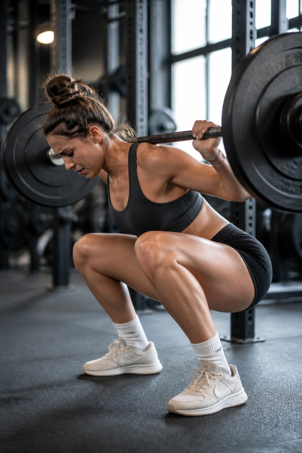 Lifter with poor squat form highlighting common failure points in a gym