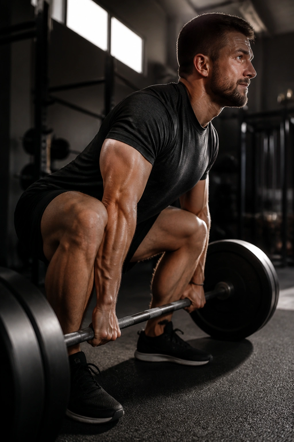 Lifter in deep squat with barbell showing squat-hinge-push/pull hybrid form.