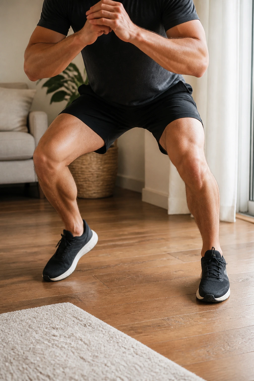 Lower body in squat jack motion in a home setting