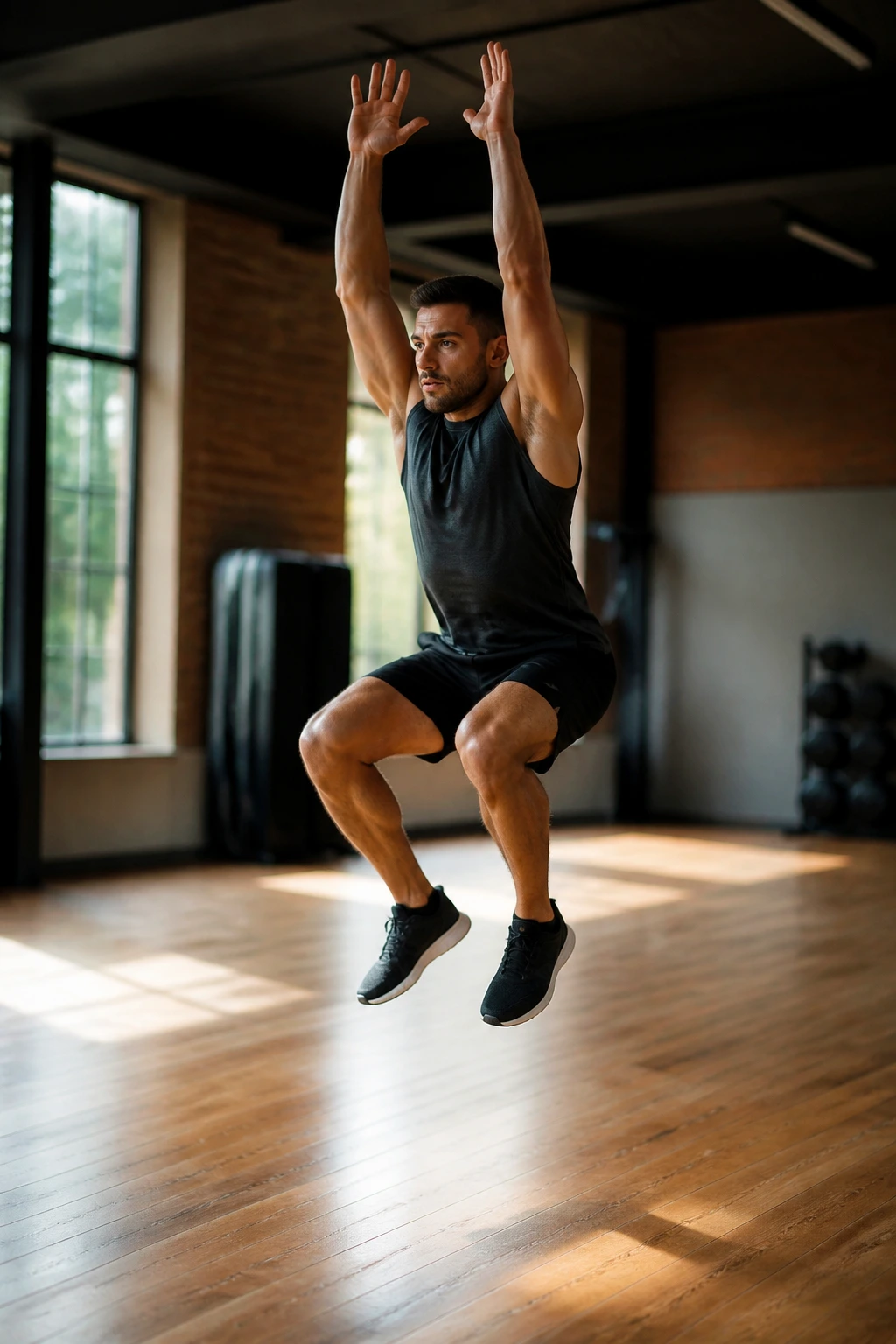 Real athlete performing a standard air squat jump in a gym with arms overhead