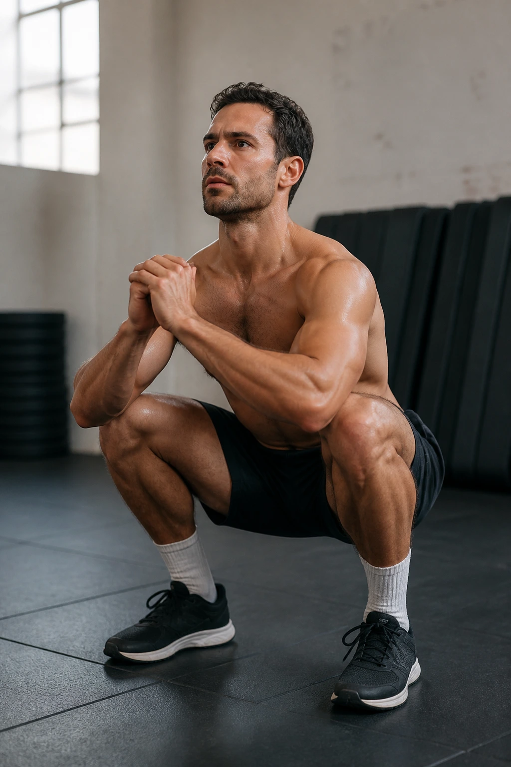 Athlete paused at the bottom of a squat jump in a gym