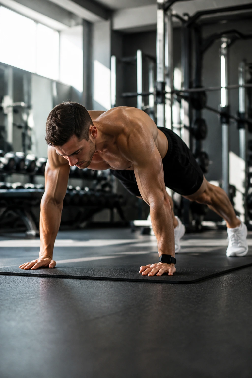 Athlete transitioning from squat jump to plank position in a gym