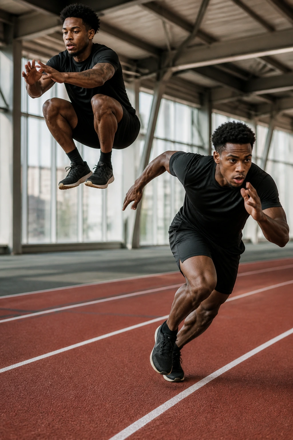 Athlete transitioning from squat jump into sprint in an indoor setting.