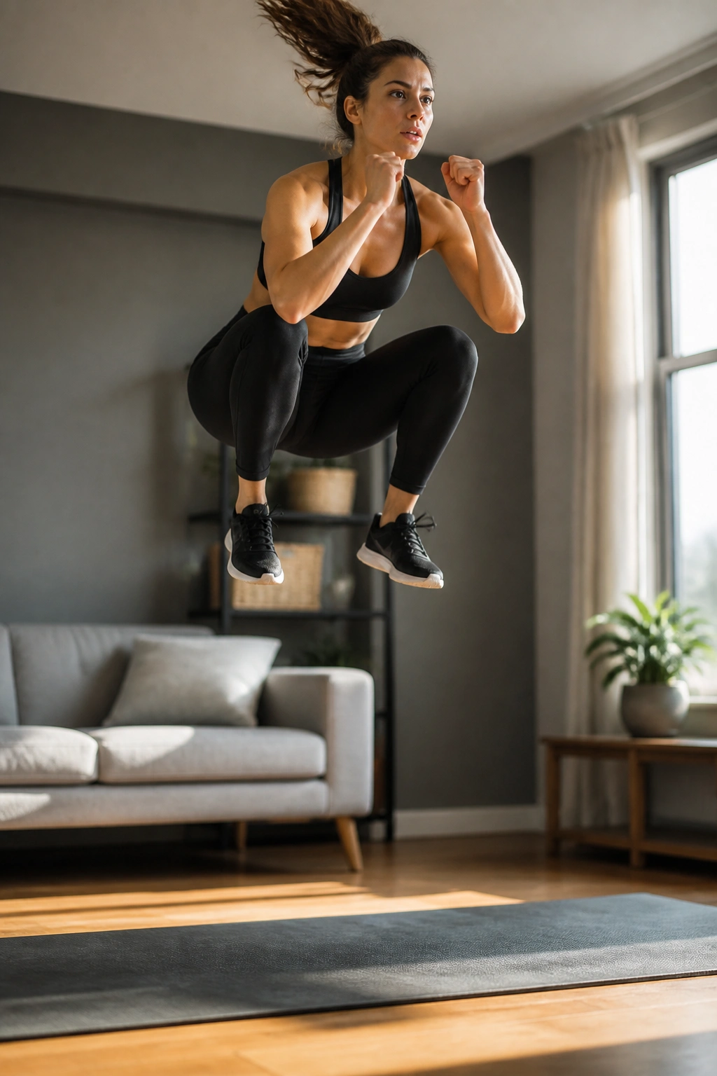 Person doing a squat jump in a living room