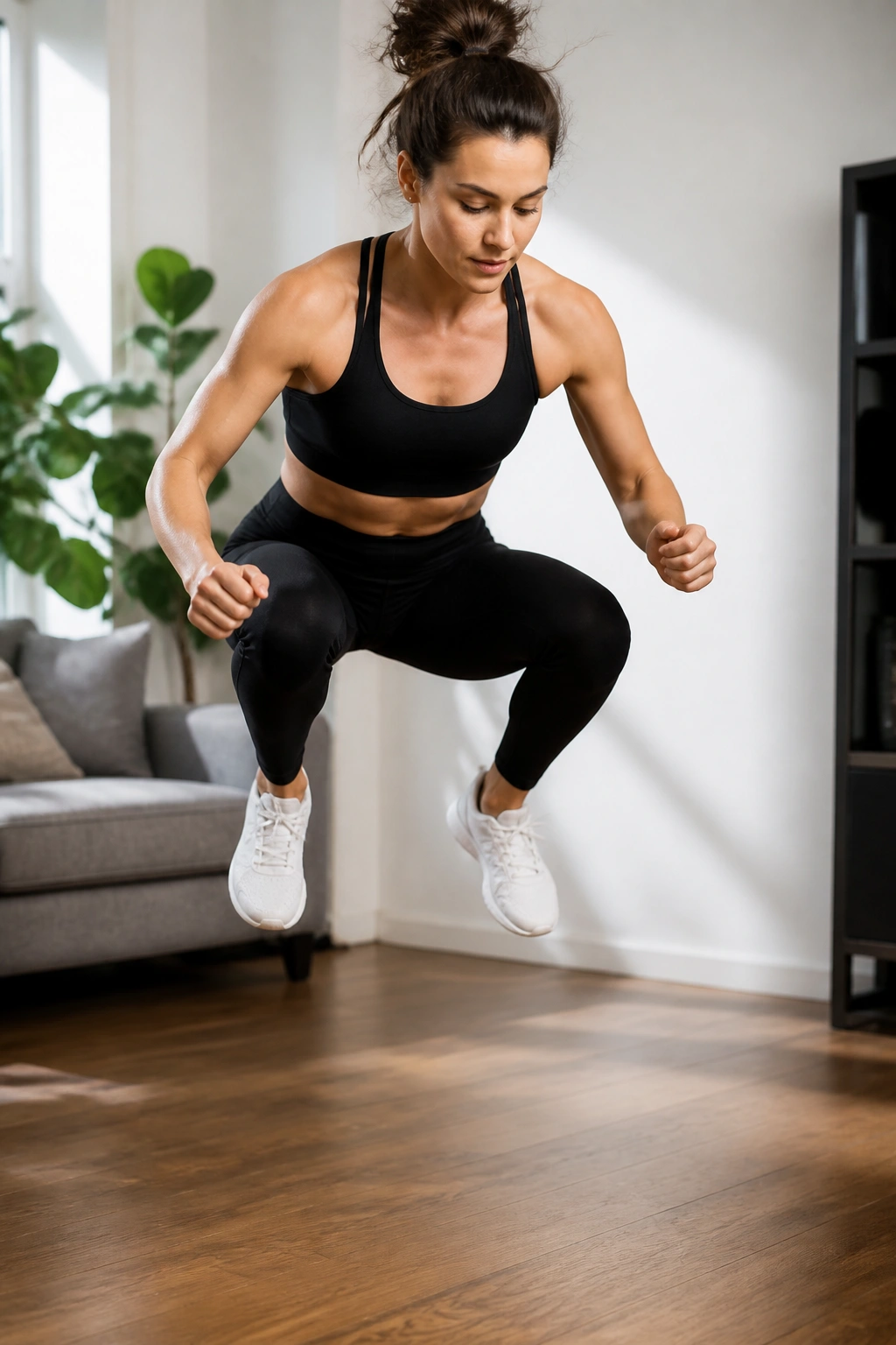 Medium close-up of a woman performing squat jumps in a home setting