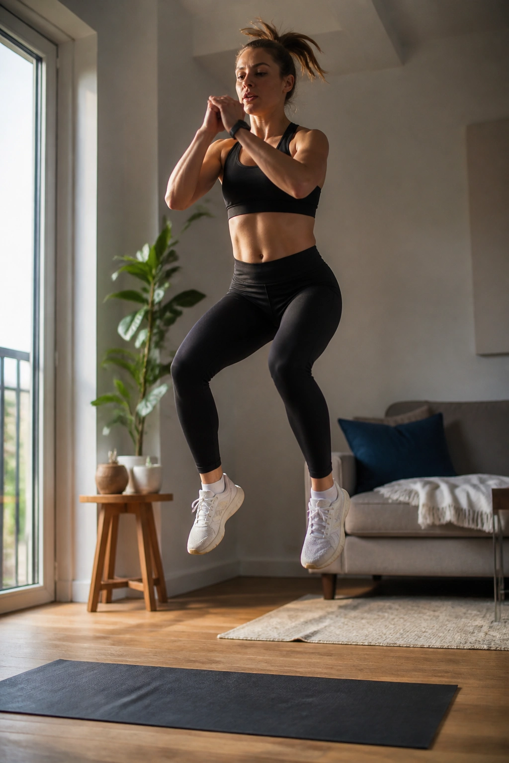 Person performing squat jumps in a small living room on a mat