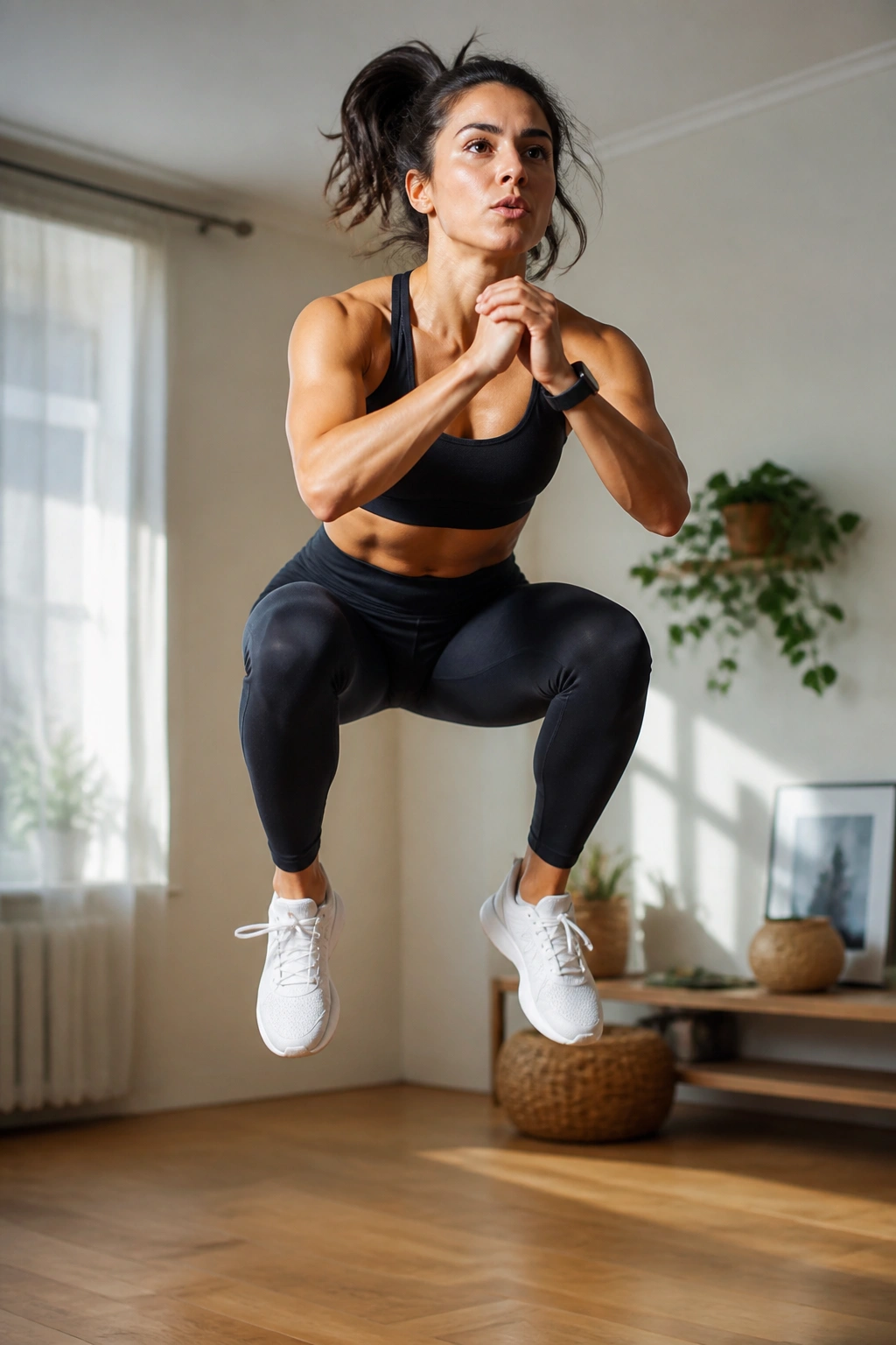 Real person performing squat jump in home setting, explosive ascent, knee bend, wooden floor.