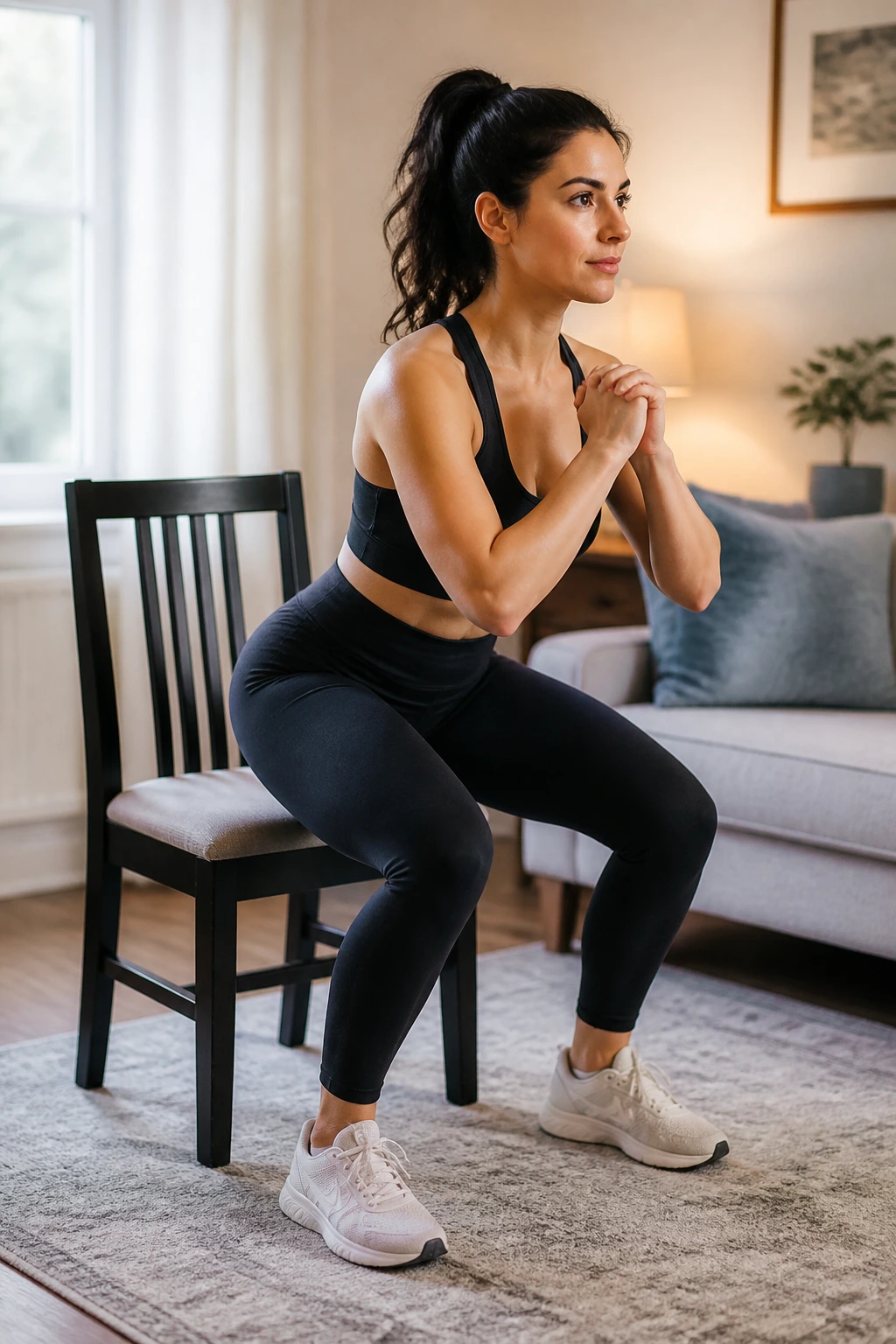 Real person performing chair-assisted squat in a living room