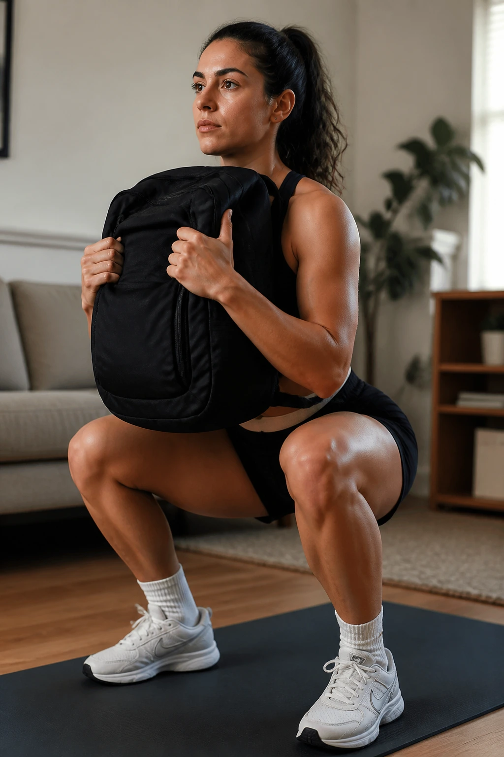 Close-up of a person performing a deep squat with a backpack in a sunlit living room