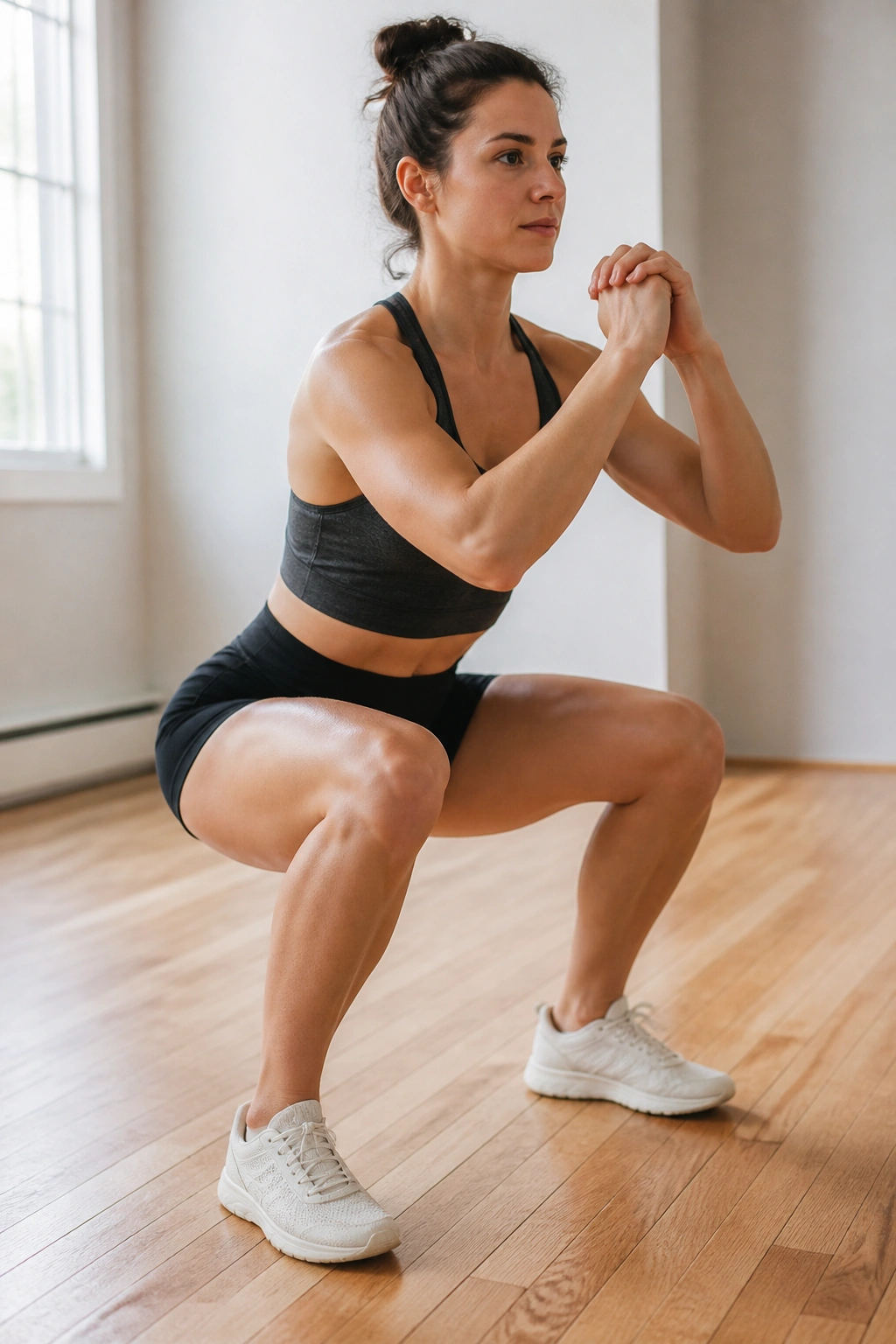 Person performing a deep bodyweight squat indoors
