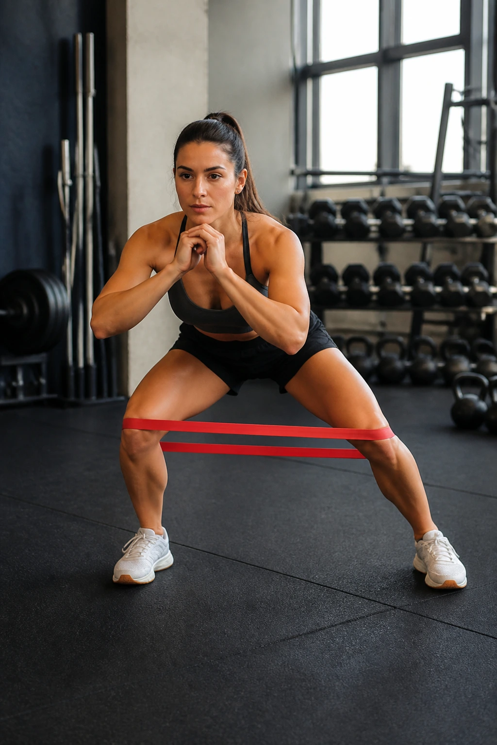 Mid-shot of a person performing squat to lateral walk with a knee band