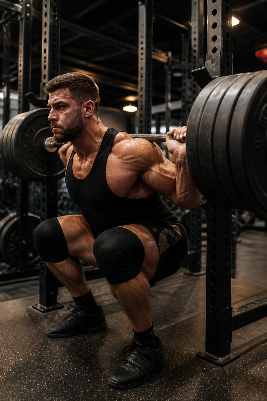 Lifter in squat rack performing heavy back squat in gym