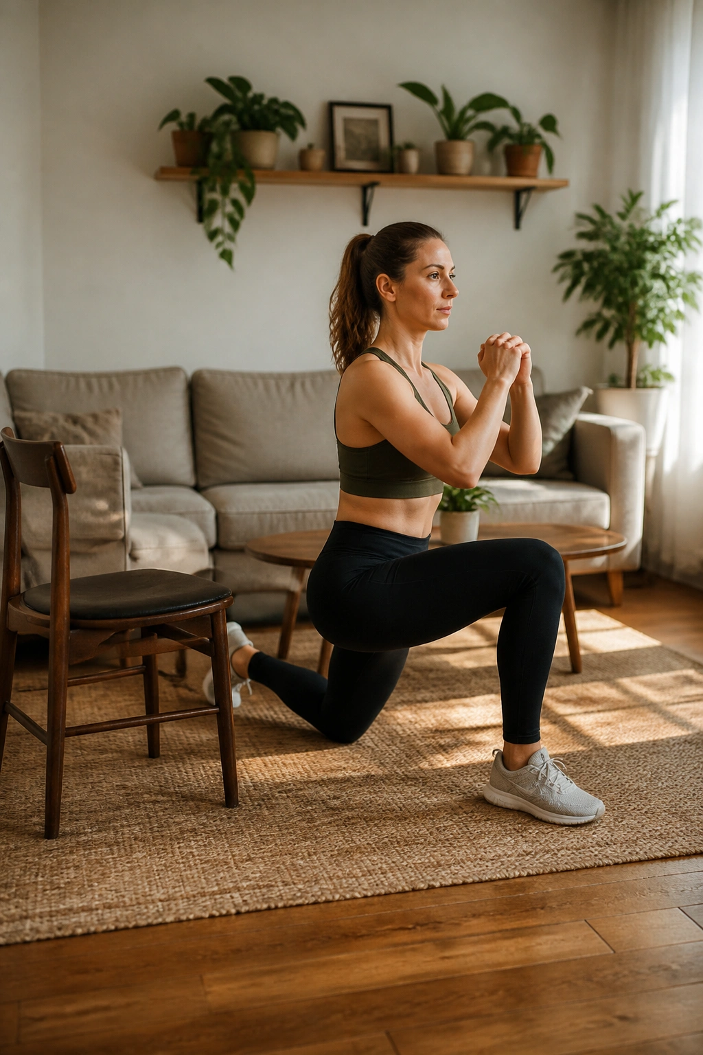 Person in a deep lunge in a cozy living room with natural light, full-body shot
