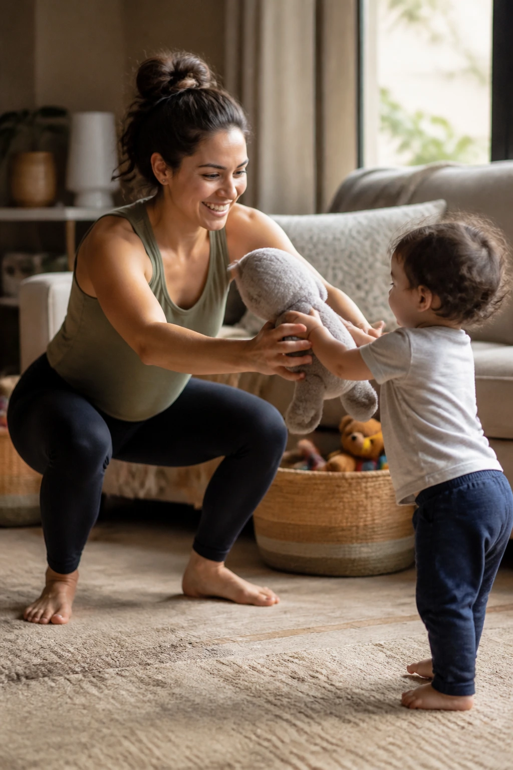 Mid-shot of a parent squatting to receive a toy from a toddler in a cozy living room