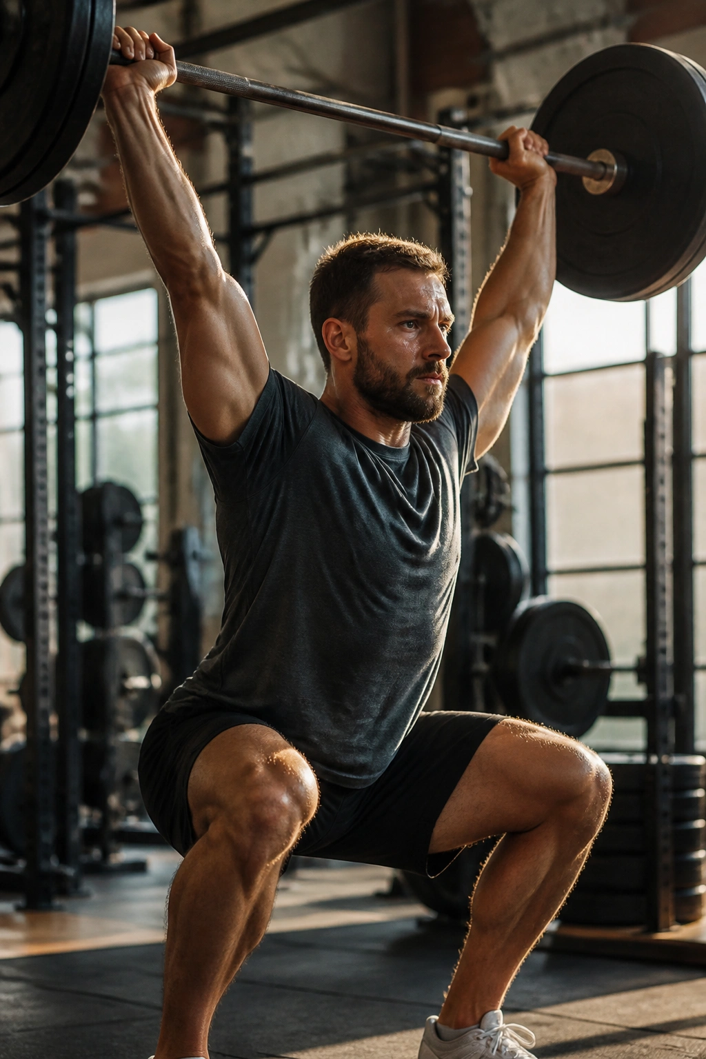 Close up of a lifter performing a front-loaded squat into an overhead press in a gym