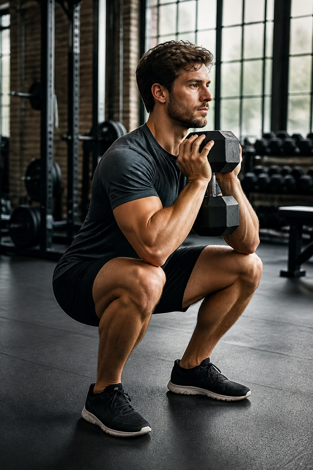 Person performing weighted squat with slow tempo to illustrate progression