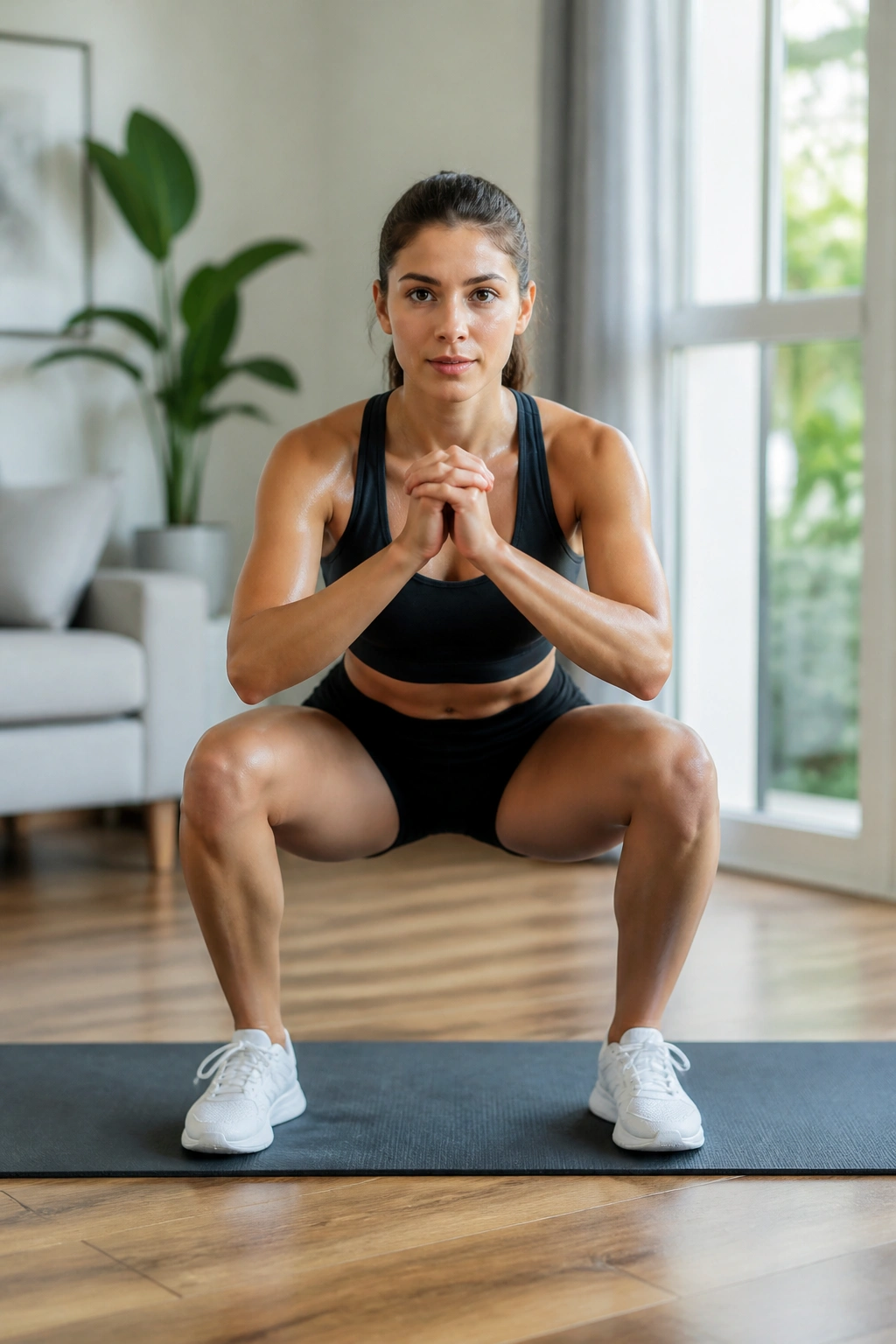 Person performing squat pulses on a mat to burn the quads