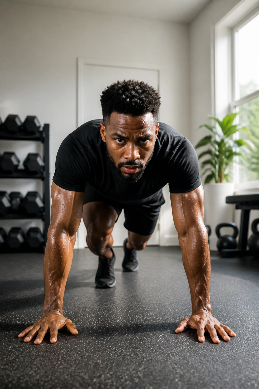 Real person mid-transition between squat and push-up in home gym