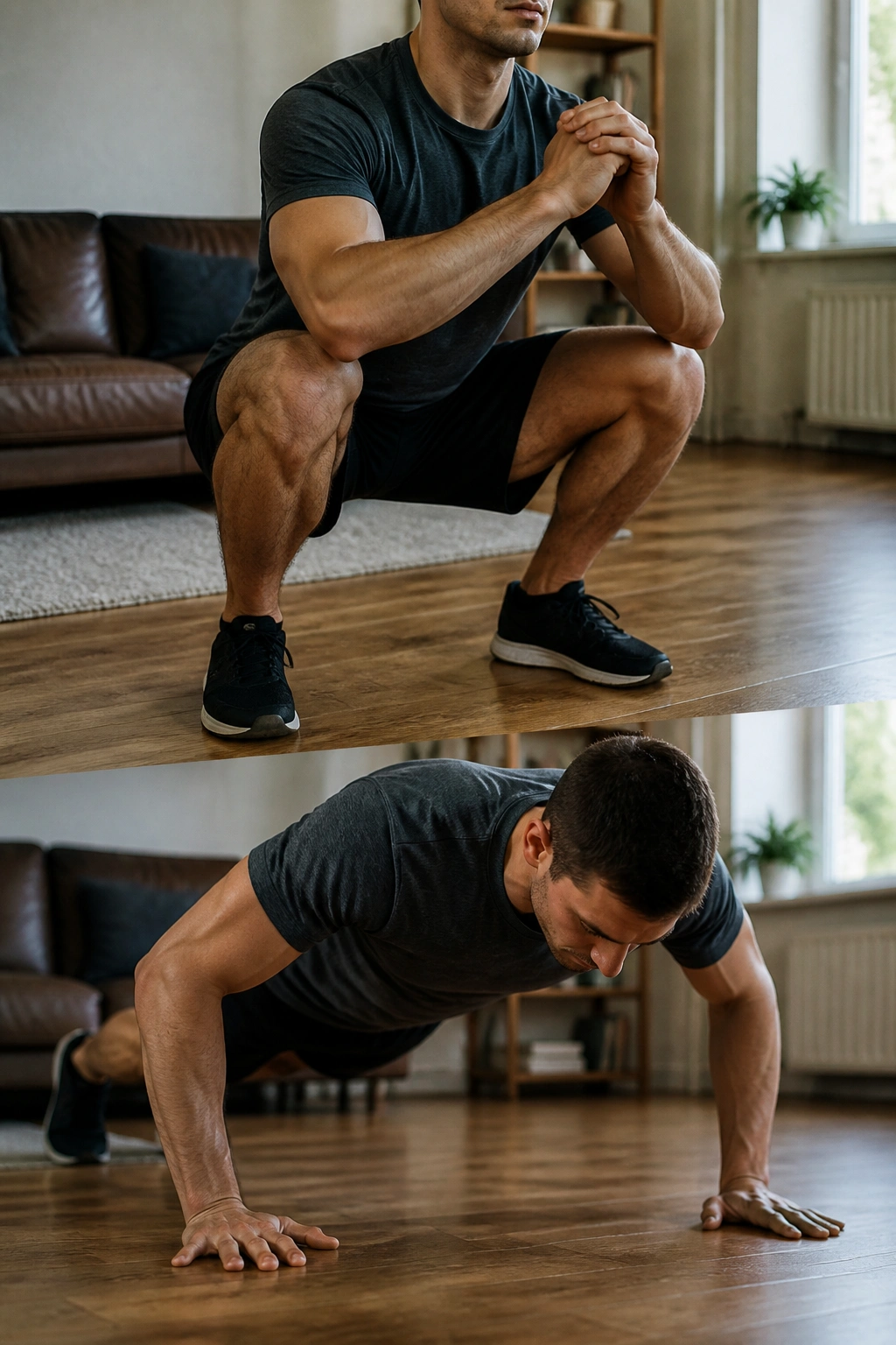 Real person performing a squat-pushup ladder in a sunlit living room