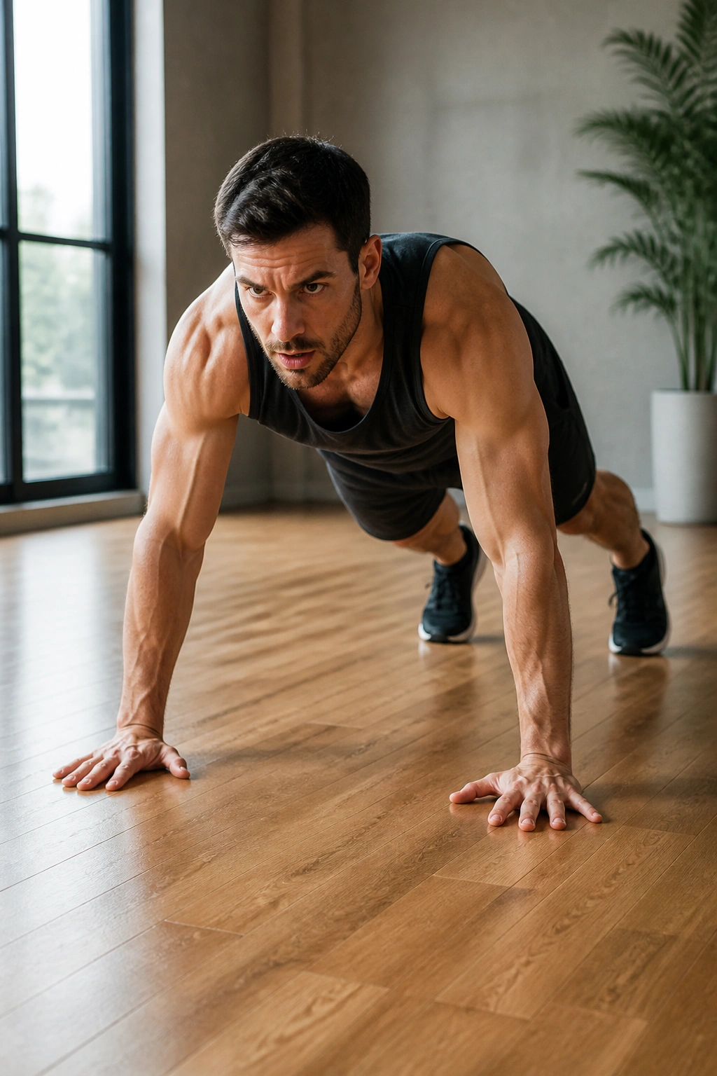 Real person performing a squat thrust mid-movement on a wooden gym floor