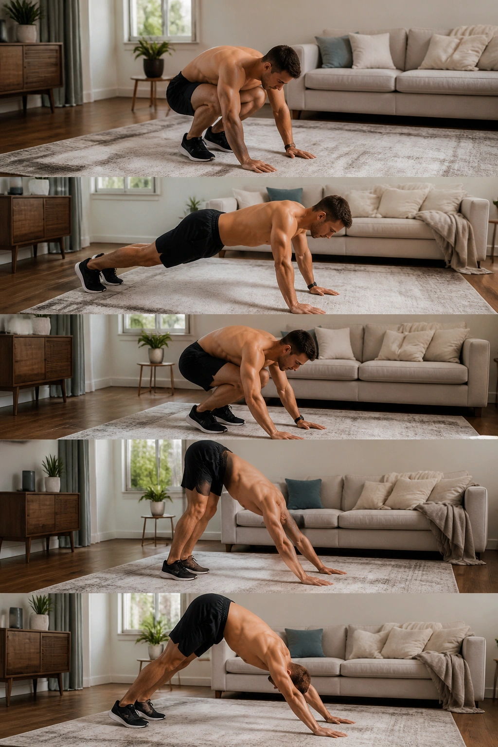 Person performing squat-thrust and walkout set in a home living room