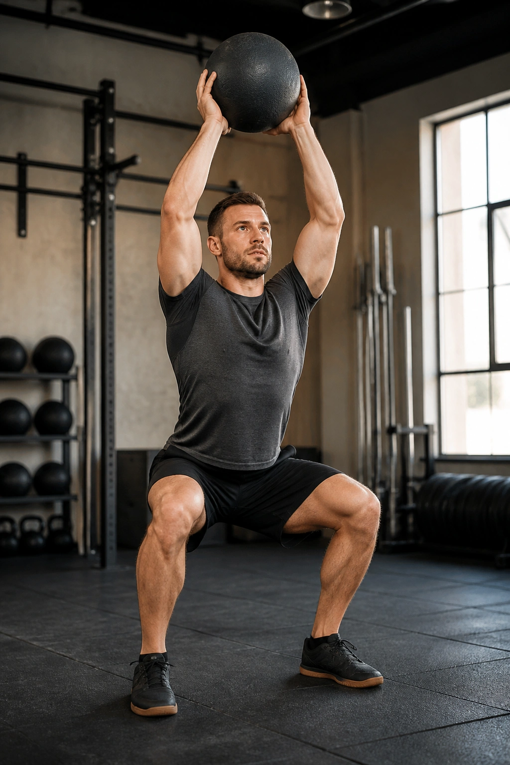 Athlete performing slam squat thruster in gym