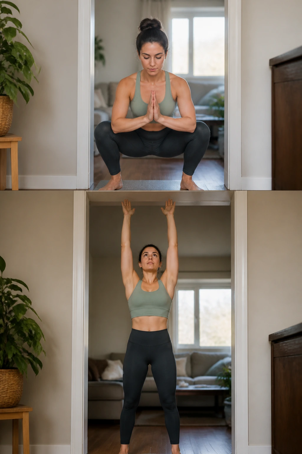 Real person doing squat-to-stand mobility in doorway