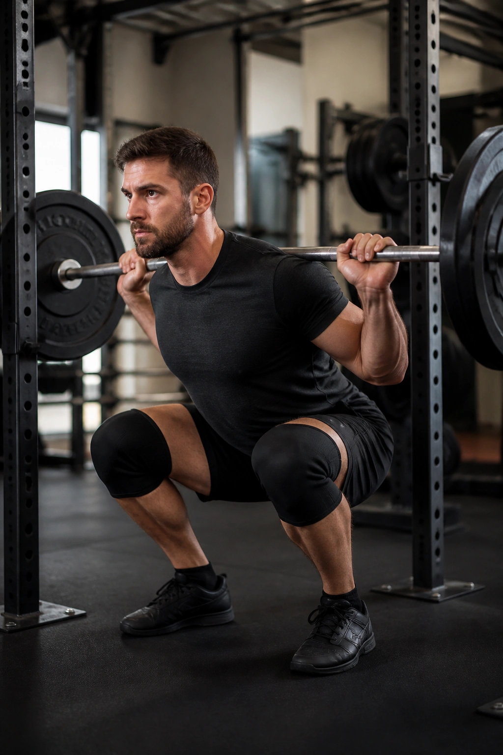 Person performing a controlled back squat with moderate weight in a gym.
