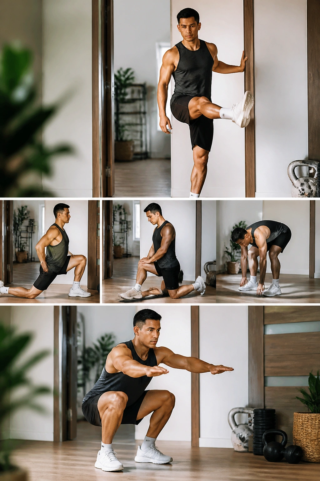 Person warming up with leg swings near a doorway