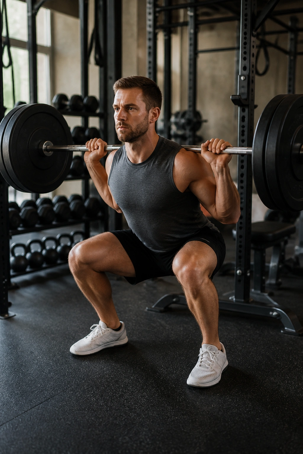 Person performing a squat as part of a broader workout routine in a gym.