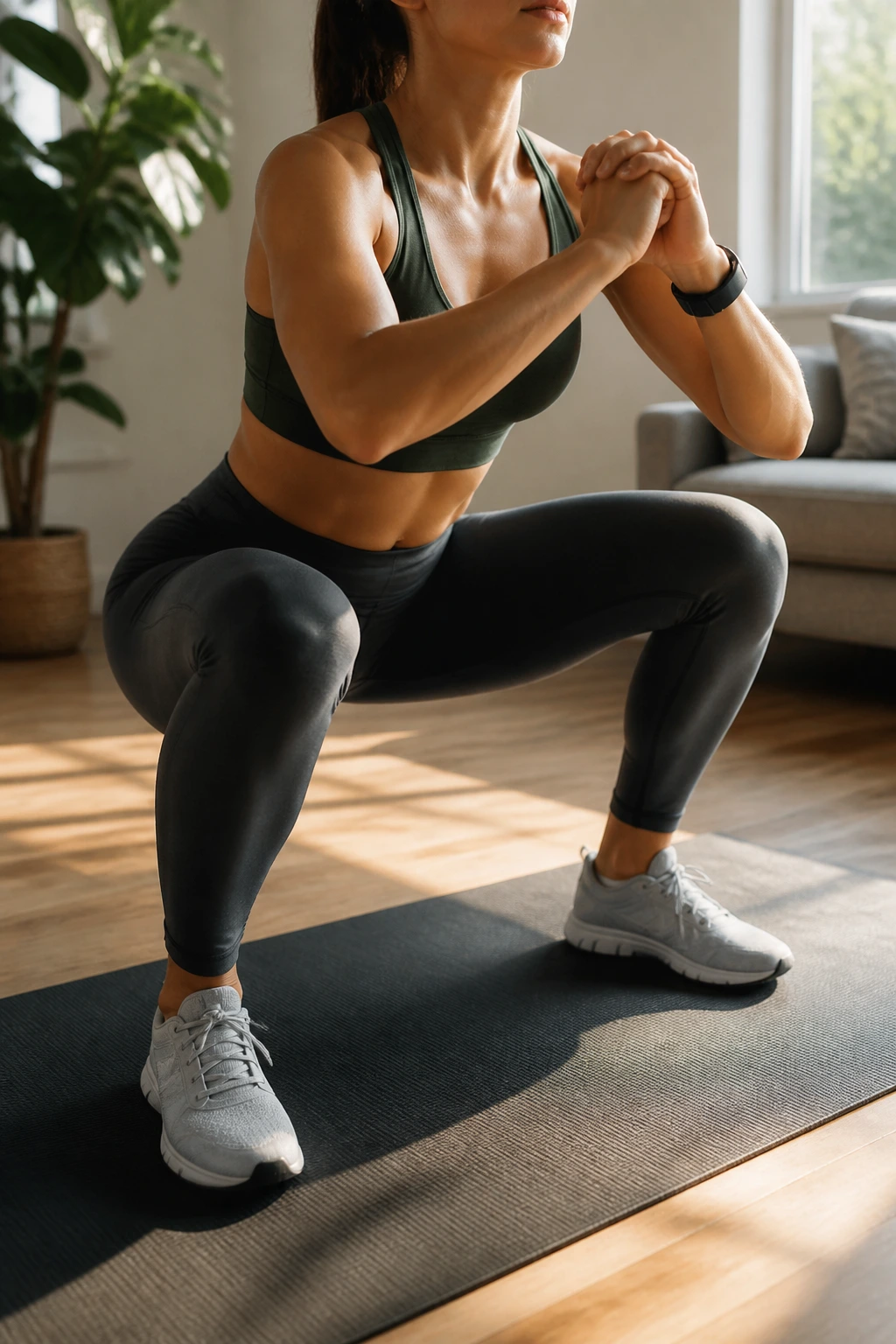 Mid-torso shot of person performing deep squat in home gym