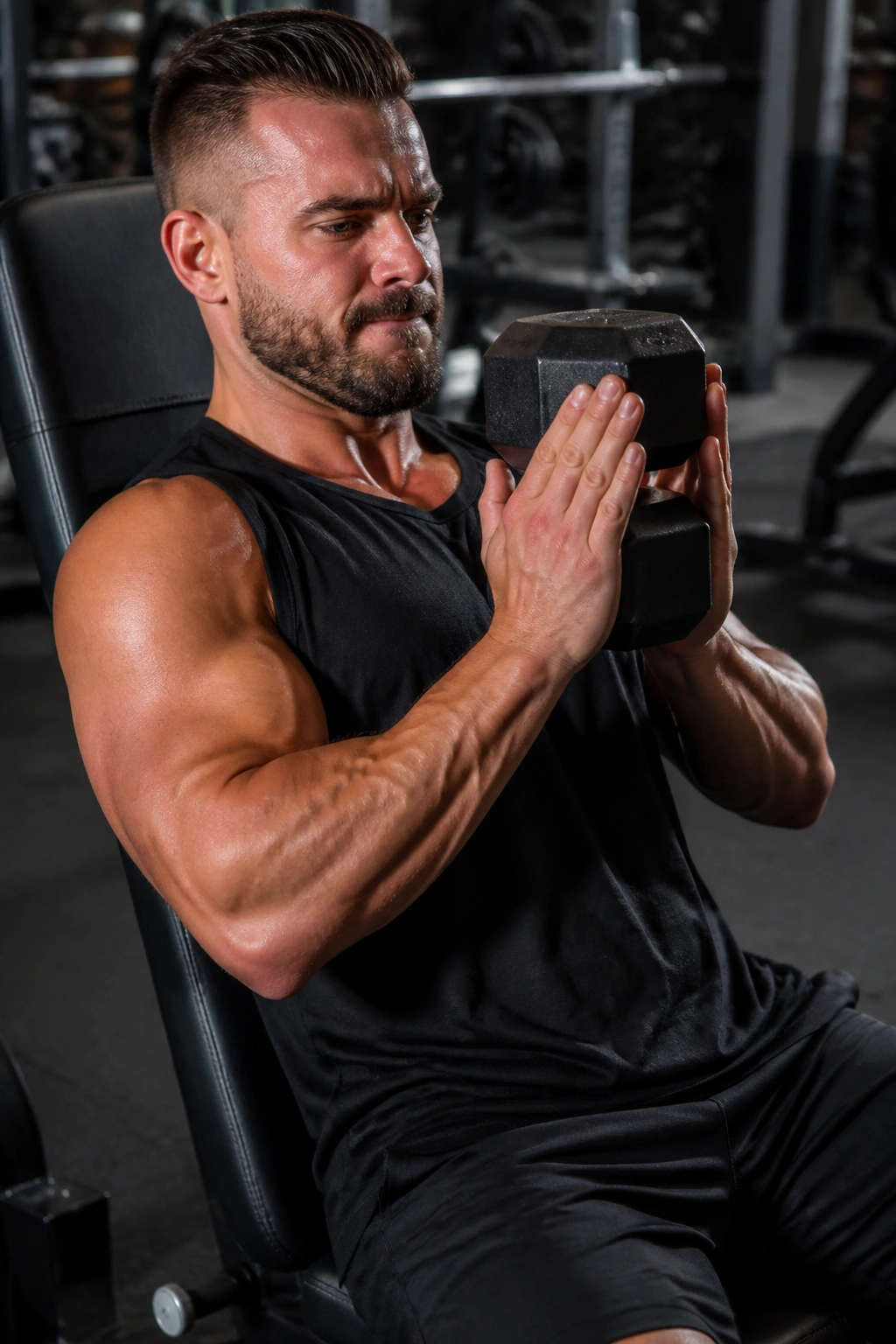 Hands pressing two hex dumbbells together during a squeeze curl