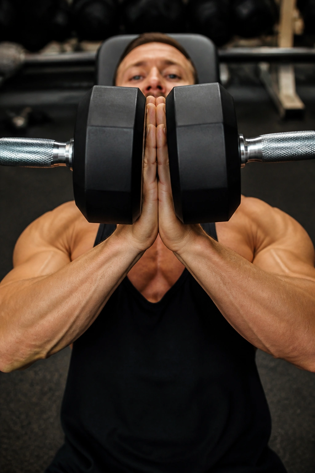 Close-up of lifter performing squeeze press with dumbbells at chest