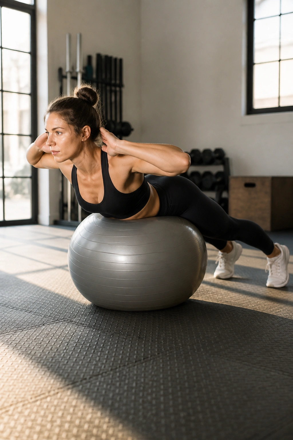 Close-up of a person performing stability ball back extension with chest lifted on the ball