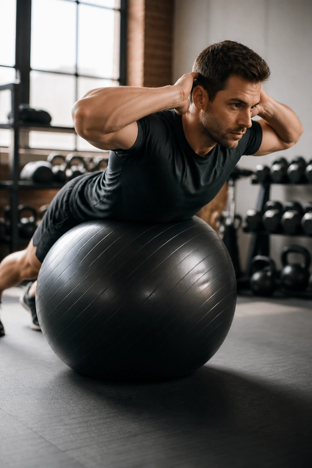 Close-up of stability ball back extension in a gym showing spine alignment and engaged back muscles