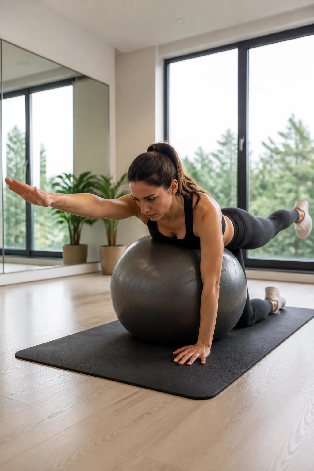 Close-up of a real person performing stability ball bird dog with arm and leg extended