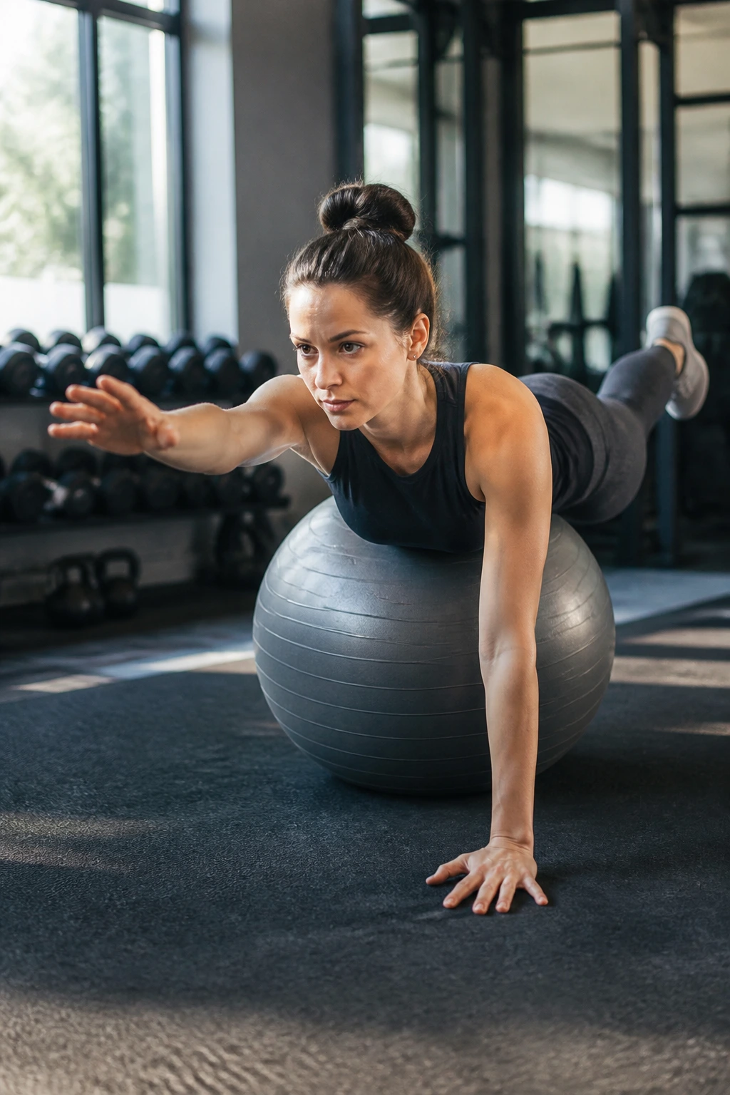 Medium close-up of stability ball bird dog with a real person on a ball, arm and leg extended