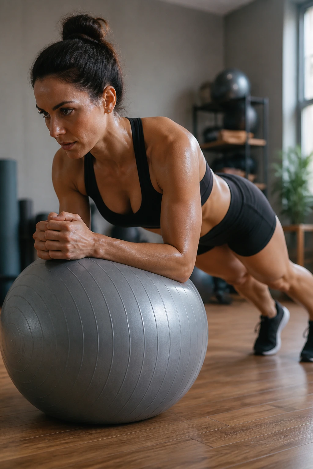 Close-up of a fit person doing a forearm plank on a stability ball, core engaged