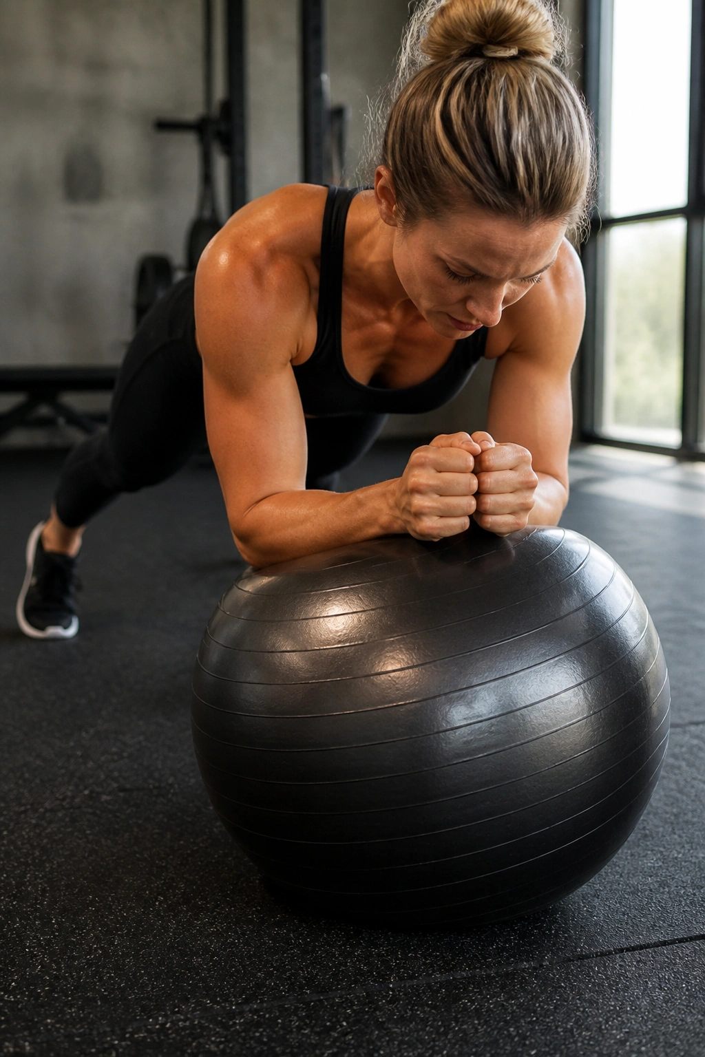 Forearm plank on stability ball performing elbow circles in a gym
