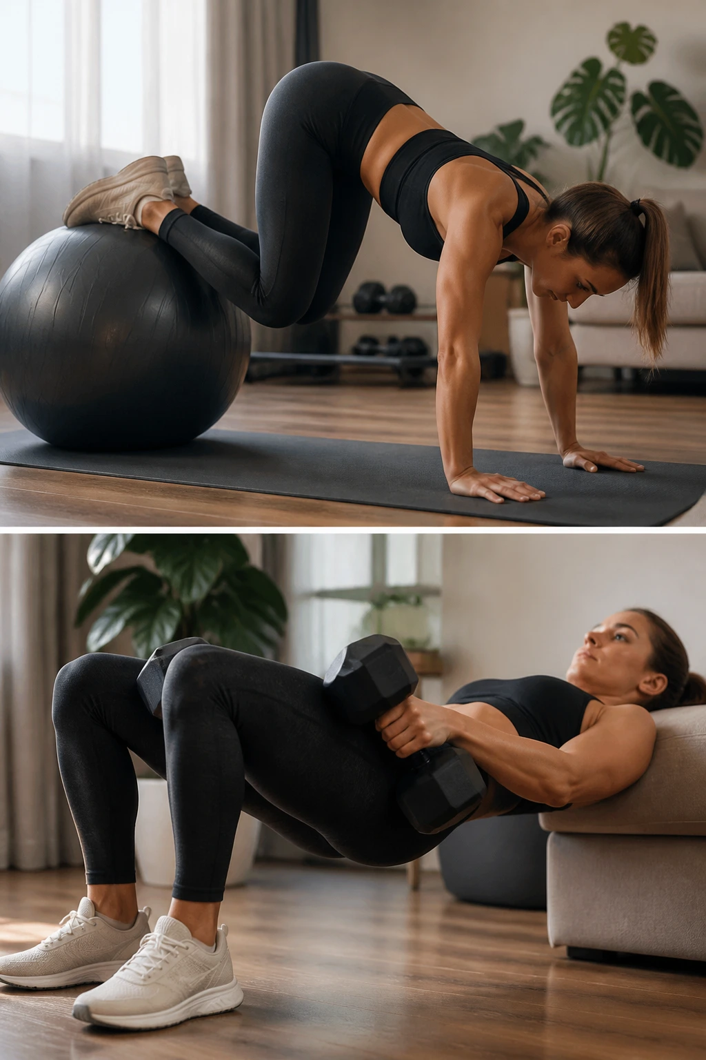 Close-up of a person performing stability ball ham curls with a stability ball
