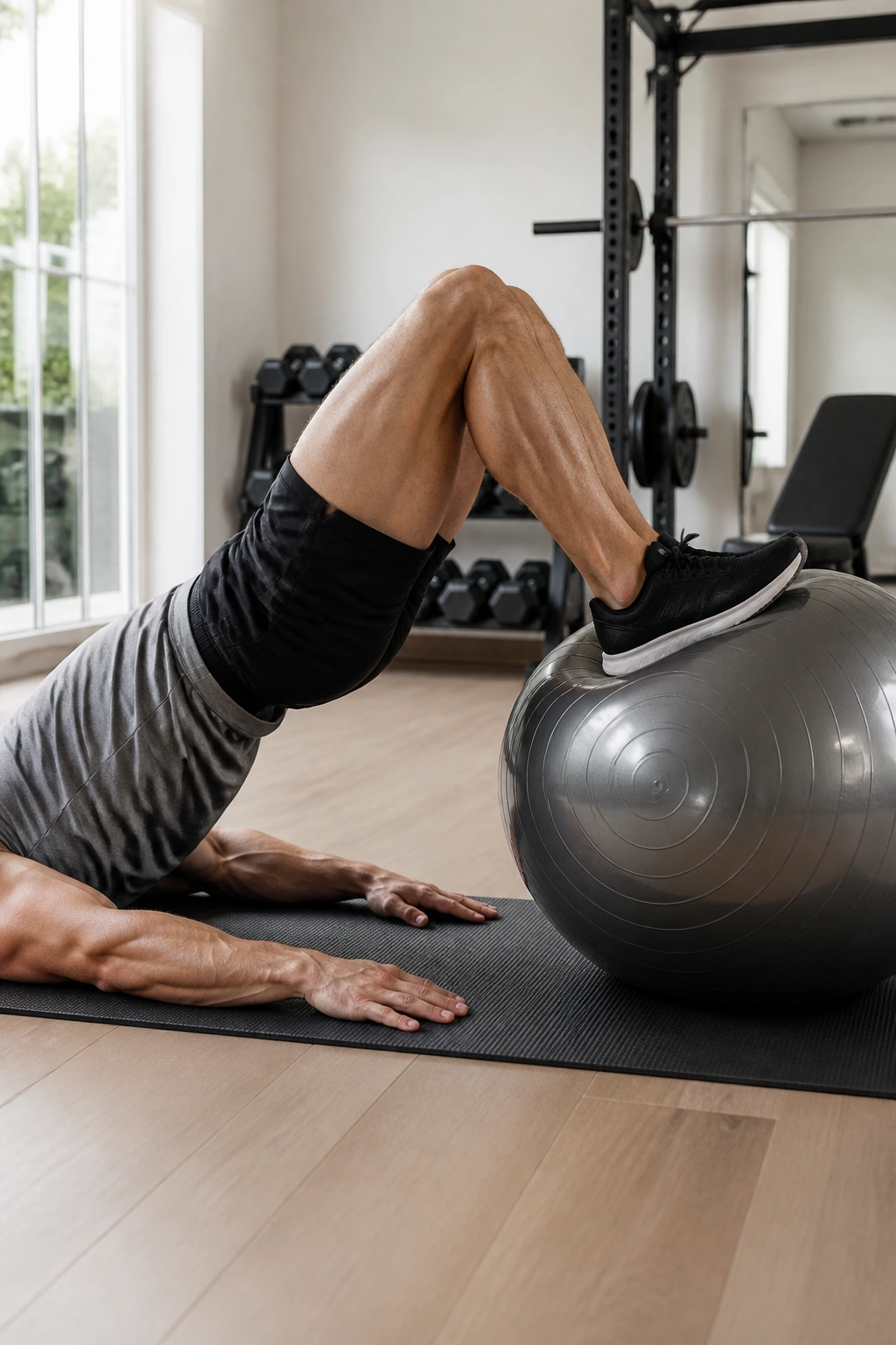 Person performing stability ball hamstring curl with heels on ball and hips lifted