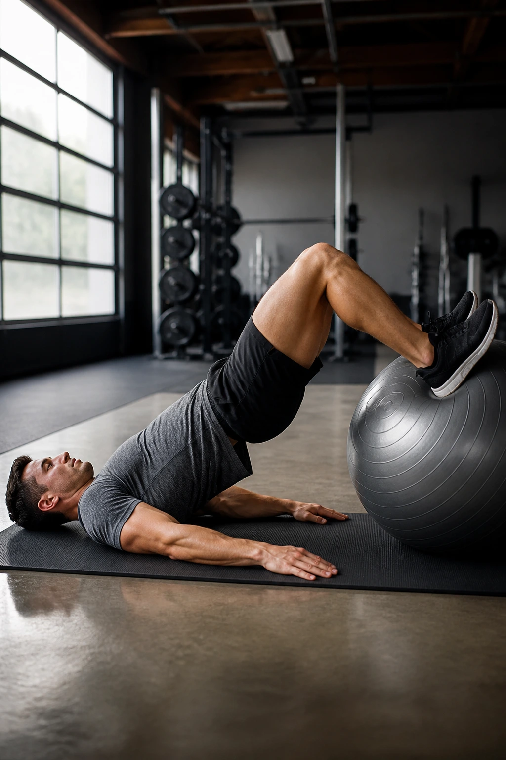 Person performing stability ball hamstring curl with heels on ball and hips lifted