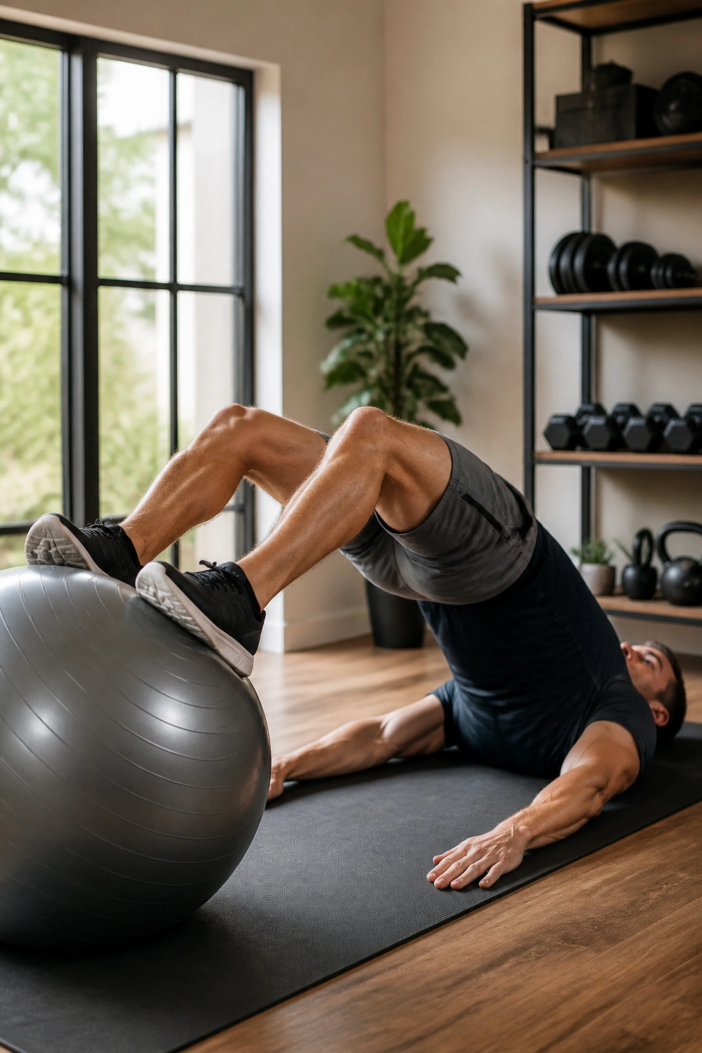 Bridge with hips lifted and feet on stability ball for hip lift walkout