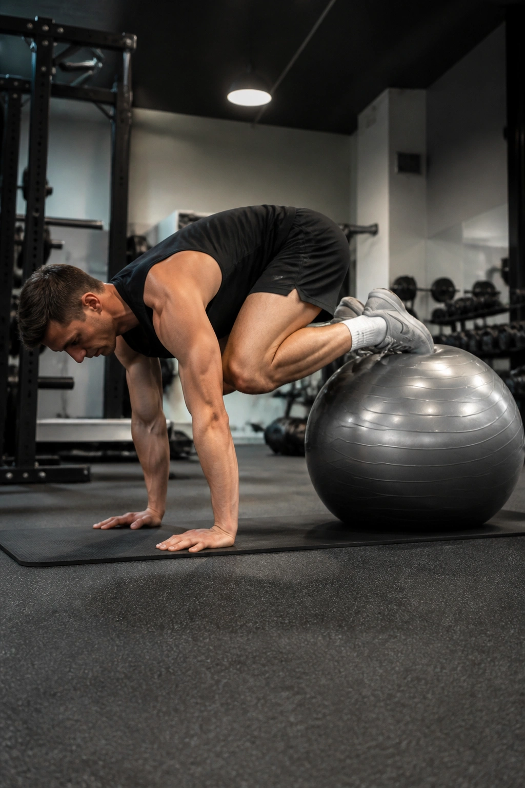 Person performing stability ball jackknife with hips lifted and knees to chest