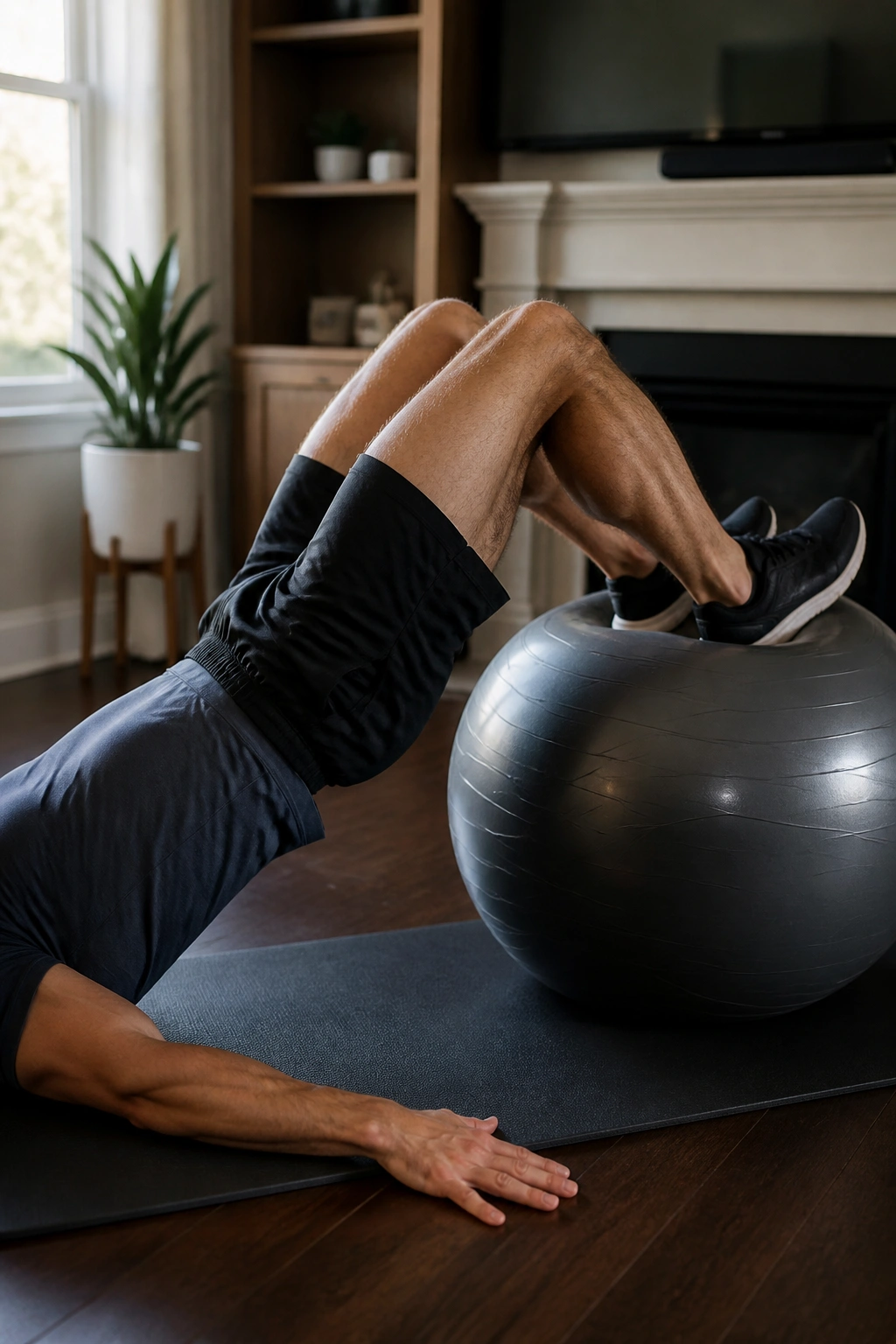 Close-up of a person performing stability ball leg curls on a mat with heels on a stability ball