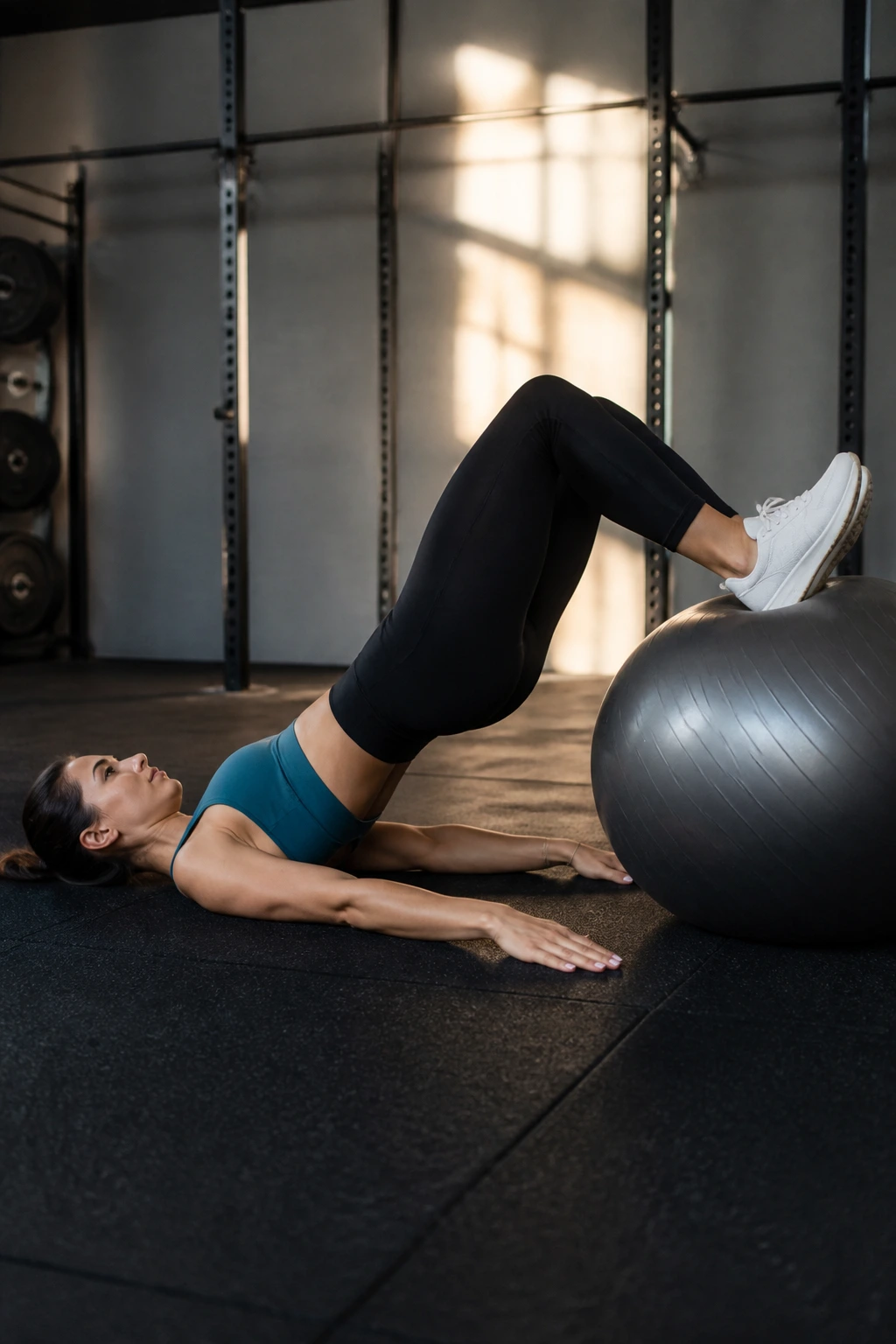 Person performing stability ball leg curls with hips lifted and heels on the ball