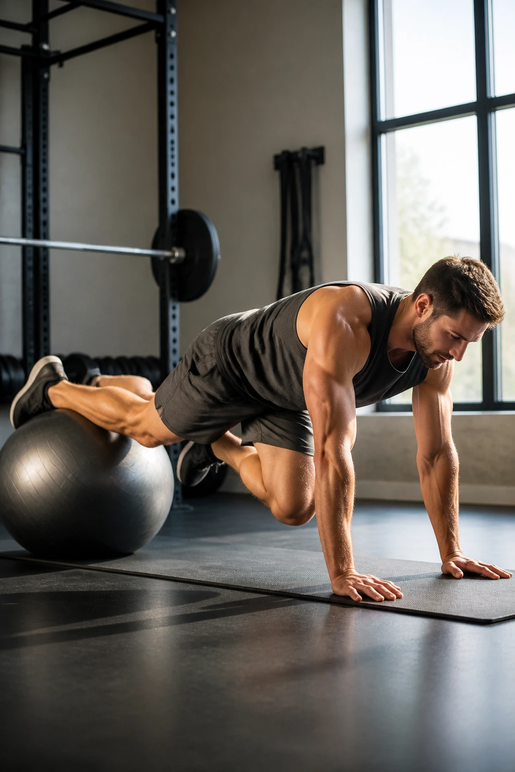 Person performing stability ball mountain climber with knees to chest in high plank